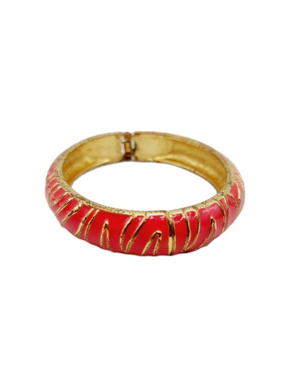 Pink Gold Tone Bangle Bracelet Clamper Oval Vintage Enamel